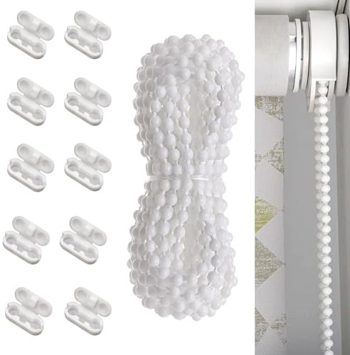 Rollokette, 6 Meter Weiß Perlenkette Ersatzteil, Blindkette Ersatzkette, mit 10 Stück Rollo Kettenverbinder, Endloskette für Reparatur Rollo, Jalousien, Vertikaljalousien