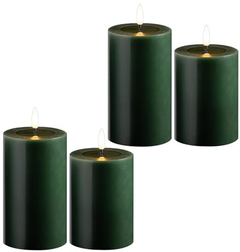 Novaliv 4er Set Led Kerzen flackernde Flamme mit Echtwachspiegel grün 7,5cm ø 2X 12, 5cm, 2x10 cm Höhe, LED Kerzen mit Timerfunktion, 2 AA Batterien nötig, LED Echtwachs Stumpenkerzen warmweiß