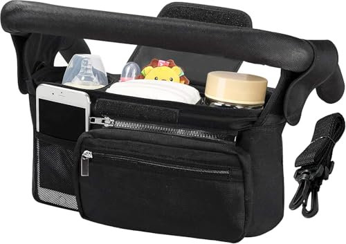PAIKIUU Pram Organiser Bag Pushchair Organiser Buggy Organiser Bag Stroller Organiser Bag with 3 Insulated Cup Holder Zippered Pocket Adjustable Shoulder Strap for Any Pram Handlebar