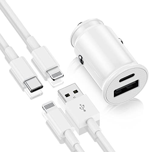 iPhone Fast Car Charger, Dual Port Power Delivery Car Adapter Plug, PD/QC 3.0 Quick Charging Car with 2m USB A/Type C to Lightning Cable Cord for iPhone 14 Pro Max/13 Pro/12/12 Mini/11/XS/XR/8/7/iPad