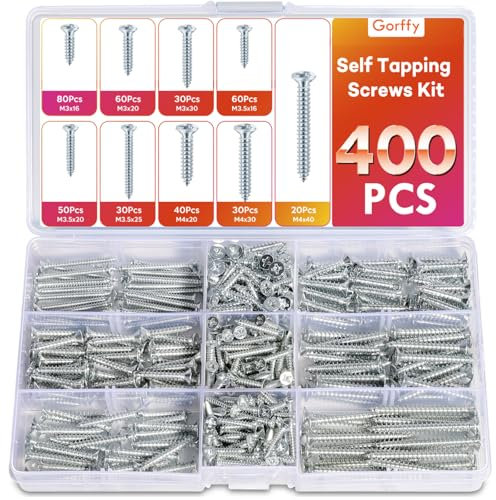 Gorffy 400PCS Wood Screws Assortment, M3, M3.5, M4, Countersunk Self Tapping Screws, Zinc Coated, DIY, Furniture & Repairs