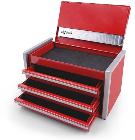 sdroceRyaM Mini Metal Tool Box, Portable 3 Drawer Steel Stackable Tool Box Small Tool Chest with Soft Liners and PP Feet Pads Cold Rolled Steel Toolbox for Storage and Organizers, Red