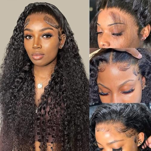 24 Inch Women's Real Hair Wig,Deep Wave Human hair Wig,200 Density 13X4 HD Transparent Lace Front Glueless Wigs For Black Women Pre Plucked,Natural Black Curly echthaar perücke (61cm)