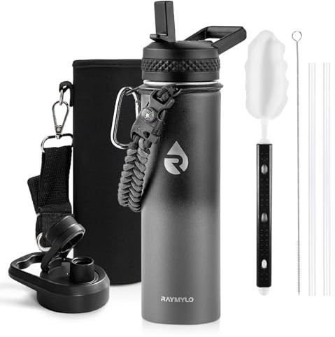 RAYMYLO Insulated Water Bottle 20 oz, Triple Wall Vacuum Stainless Steel (Cold for 48 Hrs), Leak Proof & Non-BPA, Kids Water Bottle Jug for School with Straw Spout Lids, Dark Gray
