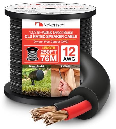 Nakamichi 12/2 (250-Foot) In-Wall & Direct Burial (UL CL2 CL3 Rated) 99.9% Oxygen-Free Copper (OFC) 2-Conductor Speaker Cable Wire, Outdoor In Ground, In Ceiling, Black (12AWG / 250ft / 76.21m)
