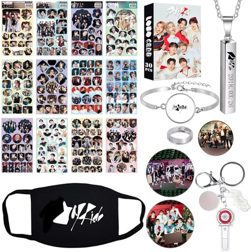 Stay Kids Geschenke Set Fanartikel Stay Kids Merch Fotokarte SKZ Aufkleber | Geschenke Set Armband Schlüsselanhänger,Ringe, Anhänger Halskette,Schwarze Maske,Button Pin,Handy-Ringhalter