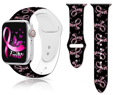Breast Cancer Awareness Watch Band Compatible with Apple Watch 42mm 44mm 45mm,Pink Ribbons Print Smartwatch Band Adjustable Soft Silicone Sport Strap Replacement for iWatch Series SE/8/7/6/5/4/3/2/1