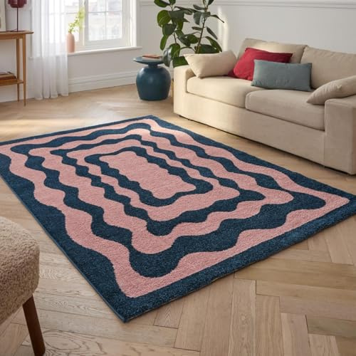 Nazar Groovy-Teppich, Bunt, Vintage, Retro, Geometrisch, Orange, Gelb, Rosa, Rot, Flauschig und Bequem, Wohnzimmerteppich