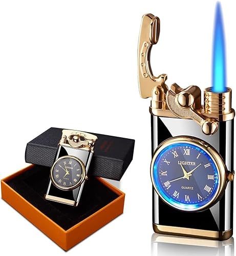 SGZIOO Feuerzeug mit Uhr, Sturmfeuerzeug Gas Nachfüllbar, Winddichtem Jet Feuerzeug, Sturmfeuerzeug Jetflamme, Pfeifenfeuerzeug, Zigarrenfeuerzeug Geschenke für Vater und Männer, ohne Gas