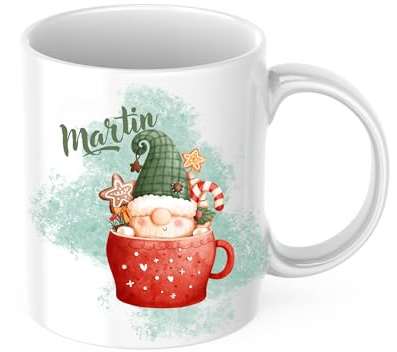 drunkLY Personalisierte Weihnachtstasse mit Namen – Keramik Kaffee-Becher mit Gnom-Motiv – Weihnachtsbecher & Glühwein-Tasse – Geschenkidee Nikolaus & Weihanchten (Gnom - Grün in Tasse)