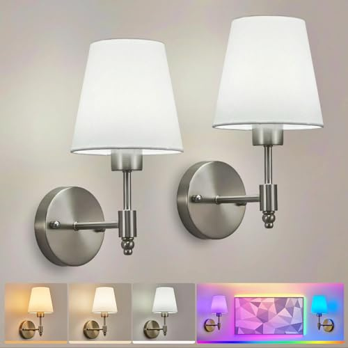 HARPER LIVING Battery Operated Wall Lights Set of 2, Fabric Shade Sconce with Remote & 3CCT 9 RGB Colours Dimmable Rechargeable Bulbs, Wireless Wall Lamps for Bedroom Living Room (Satin Nickel)