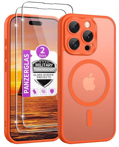 Jshru Magnetisch für i Phone 15 Pro Hülle für Magsafe [mit 2 Panzerglas] iPhone15 Pro Case Militärschutz Stoßfest Kratzfest Schutzhülle Samtige Touch Dünn Handyhülle für iPhone15 Pro,Orange