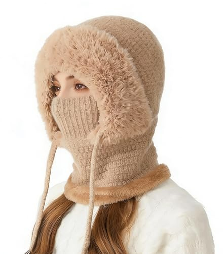 Youkly 3 in 1 Beanie Mütze für Damen, Winter Warme Strickmütze mit Schal & Gesichtsmaske, Frauen Strick Sturmhaube Winddicht Wintermütze für Outdoor Skifahren Wandern Winter Geschenk