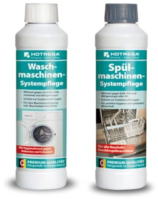 HOTREGA Kombi-Set Spülmaschinenreiniger & Waschmaschinen Pflege | 2x 250 ml | Beseitigt Gerüche, Kalk, Fett sowie Biofilme | Schutz vor Korrosion & Rost | Systempflege für Dichtung, Trommel + Leitungen