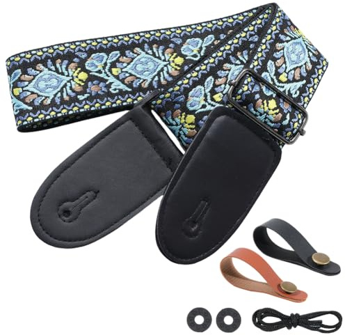 CALFOVERA Blauer Bestickter Gitarrengurt Aus Kunstleder (Polyester) Mit Vintage Stickerei Verstellbar rutschfest Mit Schulterriemen Und Unterlegscheiben. Ideal Für Gitarren Musikinstrumente Und D