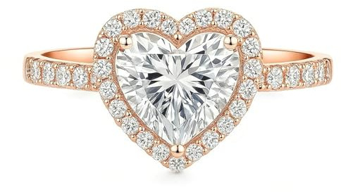 Ayoiow Herz-Halo Aquamarin Ring Rosegold für Damen mit Moissanit, Damenring Rosegold 585, 14 Karat Roségold Größe 61 (19.4)
