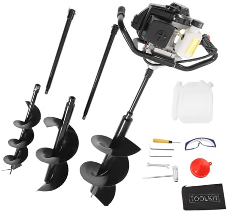 Benzin Erdbohrer 4,1 PS 2-takt Erdlochbohrer mit 3 Bohrern (100,150,200 mm) + Verlängerungsstangen + Werkzeugzubehör 8500 U/min Pfostenlochbohrer Gartenbohrer 1.2L Tank für Zaunpfosten Bäume Garten