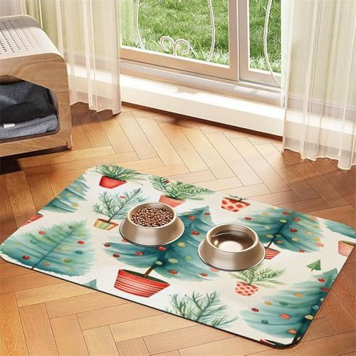 Zhufwei Pet Feeding Mat, 30x45cm Watercolor Christmas Tree & Potted Plant Pattern Absorbent PU Leather Dog Cat Bowl Mat with Non-Slip Rubber Backing, Quick Drying Waterproof Pet Food Mat for Floor Pro