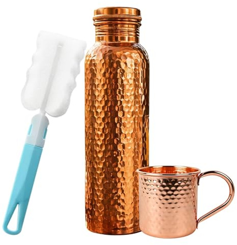 bergxperten mytamra gourde cuivre 800ml avec mug en cuivre et brosse de nettoyage – gourde mytamra avec gobelet martelée, bouchon étanche pour bureau, yoga et voyage