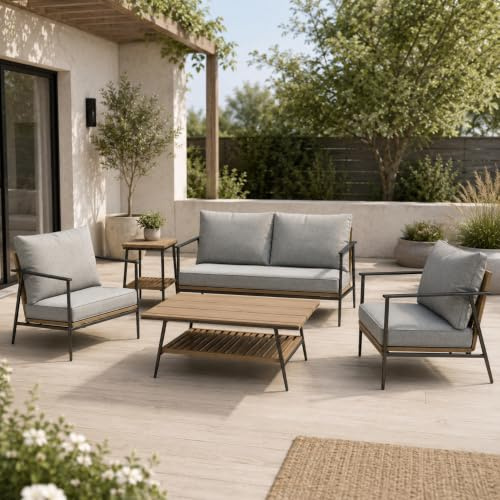 Home Collective Gartenmöbel Set Lounge Möbel Outdoor Outdoormöbel | 5-teilig | 2-Sitzer Sofa 2 Stühle Couchtisch Beistelltisch | abziehbare Kissen Polywood | Garten Terrasse Balkon | Grau/Schwarz