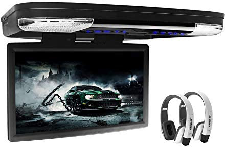 XTRONS 15.6Car Overhead DVD Player, Ultra-thin Auto Roof Flip Down Monitor Support 180° Wide Screen 1080P HD Digital HDMI Port for Coach Caravan Van, 2 PCS IR Headphones Included