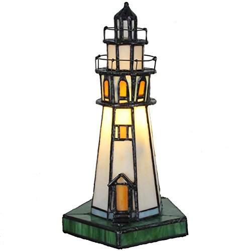 Bieye Leuchtturm-Tischlampe im Tiffany-Stil mit Buntglas-Akzent, für die Heimdekoration (Weiß, 6x6x10 Zoll)