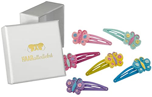 Haarallerliebst Haarspangen Set für Kinder – 6 Stück Schmetterlinge mit Glitzer inkl. Aufbewahrungsbox weiss – Ideal für dünnes bis dickes Haar