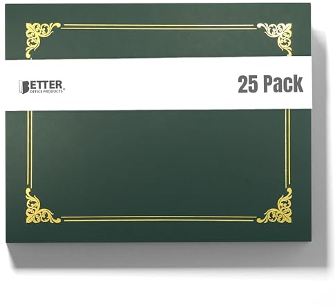 Better Office Products 25 Pack Green Certificate Holders, Diploma Holders, Document Covers with Gold Foil Border, by, for Letter Size Paper, 25 Count, Hunter Green
