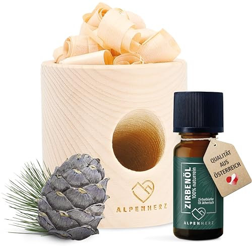 Alpen Herz Zylinder Set mit Zirbenöl 10 ml naturrein aus Österreich Zirbenholz Würfel Duftspender Zirben Duft Holz Deko Zirbe Diffusor Diffuser Geschenke Zirbenlüfter Zirbenset