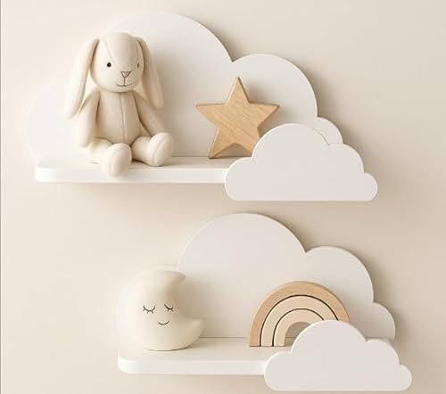 BugyBagy Cloud-Wandregal – dekoratives Schweberegal aus Holz für Kinderzimmer, mehrere Farben und Lichtoptionen (weißes Wolkenregal, 2er-Set, kein Licht)