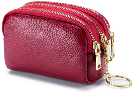 BAYINBROOK Porte-Monnaie en Cuir Triple Capacité, Petit Portefeuille Femme Mini Porte-Cartes Souple, Pochette à Fermeture Éclair avec Porte-Clés (vin Rouge)
