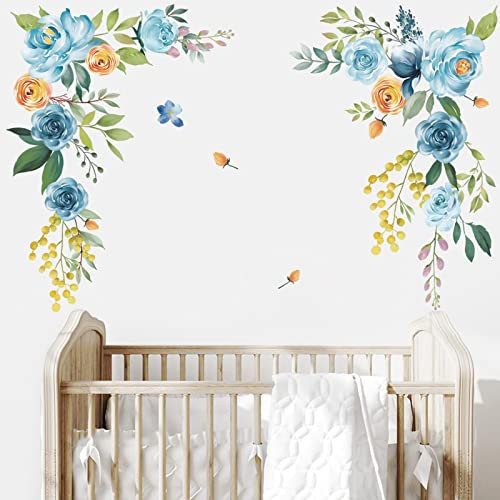 wondever Wandtattoo Blumen Blau Rosen Wandaufkleber Pfingstrose Wandsticker Wanddeko für Schlafzimmer Wohnzimmer Fenster