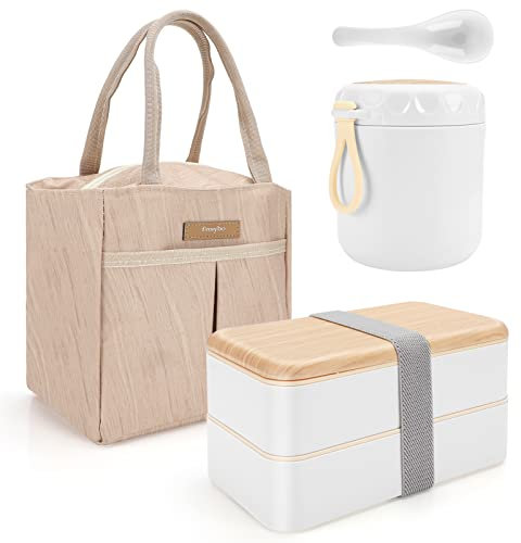 Achort Lunch Box, Boîte Bento Japonaise Hermétique 2 Étages 1200ML avec Couverts avec Tasse à soupe 400ML avec sac à lunch isolé, icro-ondes & Lave-vaisselle, Zéro Déchet, Sans BPA (blanc)