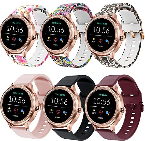 ViCRiOR Lot de 6 bracelets de rechange en silicone souple pour montre intelligente Fossil Gen 5E 42 mm/Gen 6 42 mm, motif floral imprimé sans décoloration pour Fossil Venture Gen 4 HR/Gen 3