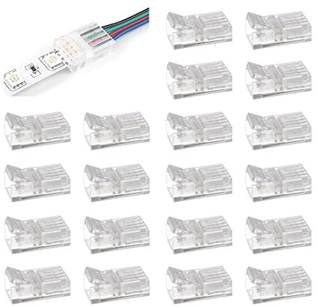 20-Pack 4-Pin 10mm COB LED Strip Light Connectors - Solderless, Gapless Quick Connectors for Strip-to-Wire, 5-36V, No Wire Stripping Needed (Transparent)