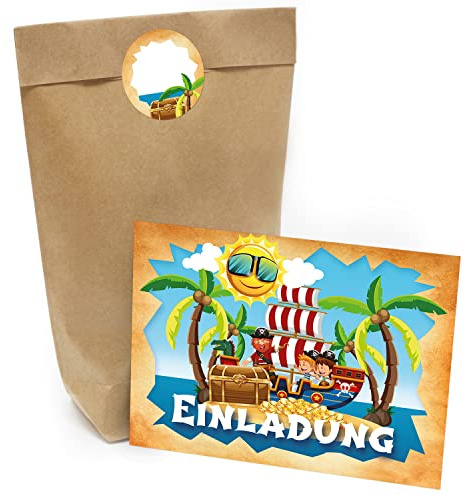 Kindergeburtstag Einladung Set mit je 8 Einladungskarten, Umschlägen, Tüten und Aufkleber - Piraten Party Boot Insel Schatzsuche