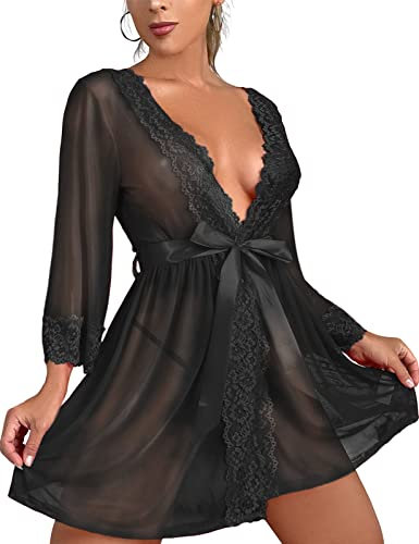 Tuopuda Negligee Damen Sexy Dessous Babydoll Nachtwäsche Tiefer V-Ausschnitt Nachthemd Spitze Nachtkleid Unterwäsche Set Reizwäsche Kimono Morgenmantel Kurz Robe mit Gürtel, Schwarz, M
