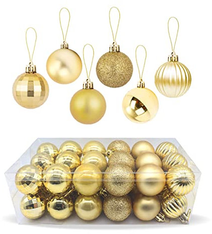 Zueyen Confezione da 36 Palline di Natale Decorazione, Palline per Albero di Natale Appese Sfera Infrangibile, Lucide e Glitter con Anello per Appendere per Albero di Natale, Matrimonio, Festa(Oro)