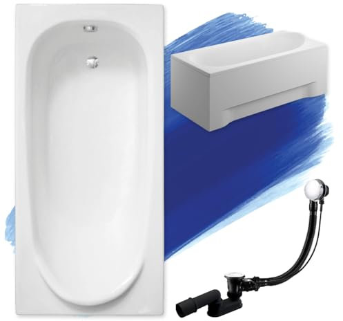 BADLAND Badewanne Original Weiß Acryl Wanne Rechteck MEDIUM 170x75 KOMPLETTSET SET mit Weiß Acrylschürze + Füßen und Exklusive Chrom Automatik Ablaufgarnitur Made in EU 4in1