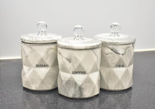 Biznest Grey Marble Design Coffee Tea Sugar Canisters Container Kitchen Jar Pots Crystal