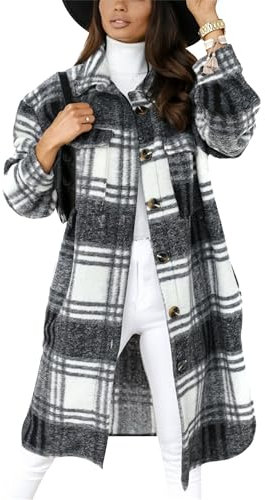 Yming Frauen Lang Lässig Kariert Lose Plus Größe Tartan Vintage Revers Holzfällerhemd Mit Tasche Dunkelgrau XXL