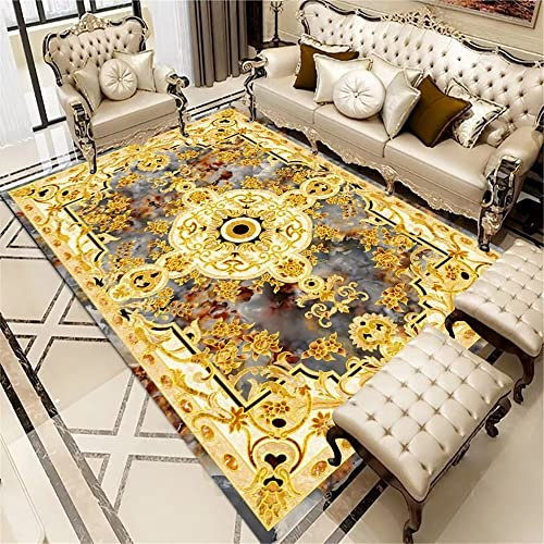 Xiaosua Auslegware Teppichboden Gelb Teppich Salon Dunkelgelb Vintage Blumenmuster Teppich Esszimmer Verschleißfest Teppich Esstisch 120X180Cm Großer Teppich 3Ft 11.2''X5Ft 10.9''