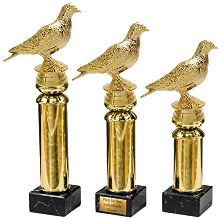 eberin – Tauben Pokal in 3 Größen – Vogel Trophäe Award für Zucht mit Gravur – Taube auf Goldsäule/Marmor Sockel – Ideal für Veranstaltungen