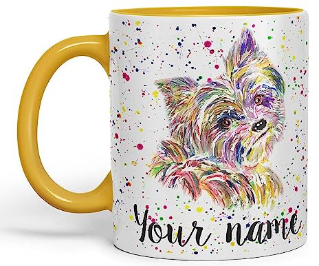 Vixar Personalised with Your Text Yorkshire Terrier Yorkie York Dog Pet Animals Watercolour Art Coloured Ceramic Mug Cup Gift 330ml 11oz Custom Work Office Tea Coffee (O2) (G Yellow)