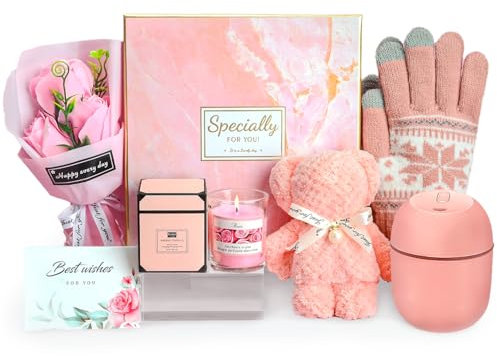 Cadeau Femme de Gants Tricotés d'Hiver, Humidificateur d'Air avec Bougies Parfumées, Serviette de Toilette Rose Savon Fleur Coffret Idee Cadeau Noel Maman Anniversaire Saint Valentin