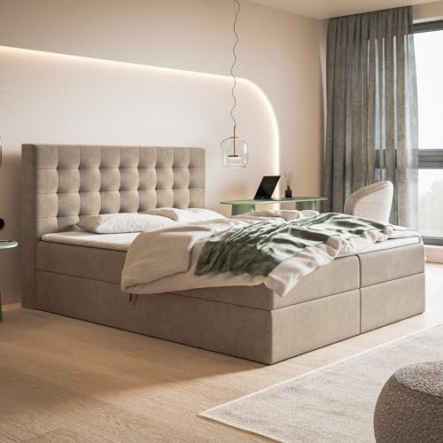 MOTIVENA Costa Boxspringbett 180x200 mit Bettkasten und Topper, Polsterbett 180x200 mit Bettkasten, Bonellfederkern-Matratze (H4), T28 Komfortschaumstoff Topper (H3), Samt, Beige