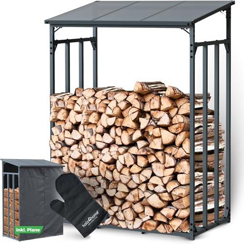 holz4home® Kaminholzregal Außen Holzlager I Größe: 130 x 70 x 185 cm LxBxH I Brennholzregal inkl. Ofenhandschuh I Überdachung mit Stapelhilfe für Brennholz