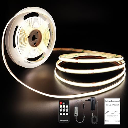 ROUKLE Striscia LED COB 8mm - 5M, 24V, Super Luminosa e Dimmerabile, CRI90+ con Controllo RF | 2400 LEDs | Bianco Neutro 4000K | Perfetto per Ambienti Domestici e Diufficio