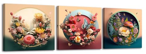 Piy Painting 3X Tableaux sur Toile de Fleurs à Effet 3D Imprimée sur Toile 30x30 CM, Fleurs Image sur Toile, Cadre Decoration Murale Art Mural pour Chambre Studio de yoga, avec Cadre, Prêt Suspendre