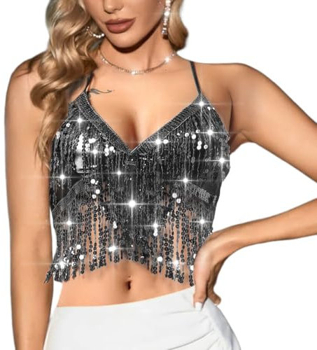 Ushiny Top con Nappe di Paillettes Danza del Ventre Costumi di Carnevale Reggiseno Canotta da Festa Rave Outfit per Donne e Ragazze(Nero)
